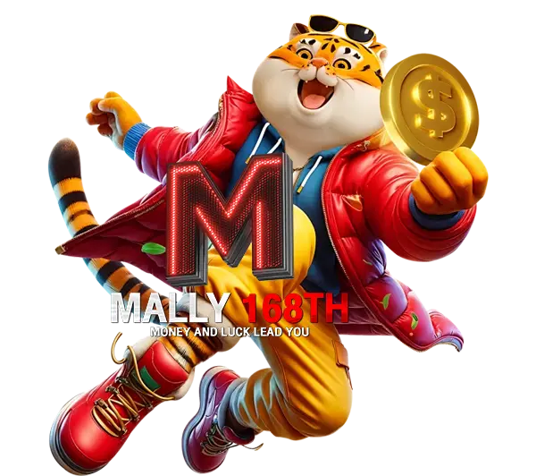 MALLY168 ฮีโร่บล็อกสล็อต ตัวการ์ตูนเสือใส่ชุดแดงถือเหรียญทอง กระโดดดีใจ สื่อถึงแจ็คพอตแตก โบนัสจัดเต็ม และกำไรต่อเนื่อง