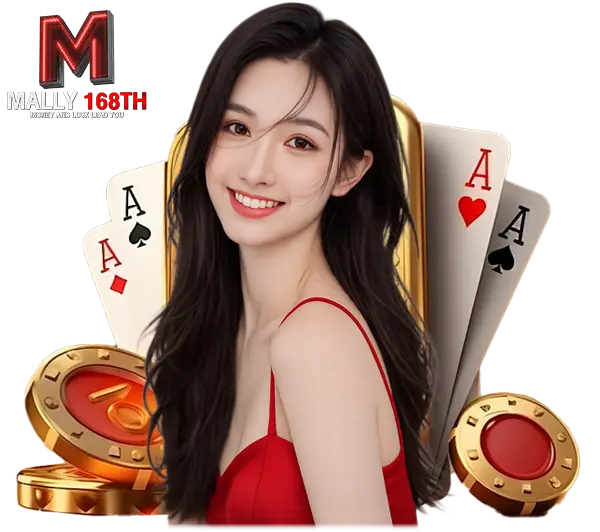 MALLY168 เว็บตรงคาสิโนและสล็อตครบวงจร ภาพผู้หญิงชุดแดงถือไพ่เอซ พร้อมชิปและเหรียญทอง สื่อถึงเกมไพ่ โบนัสแตกง่าย และระบบฝากถอนออโต้รวดเร็ว
