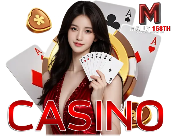 MALLY168 คาสิโนสด เว็บตรงครบวงจร ภาพผู้หญิงถือไพ่บาคาร่า ดีไซน์โทนแดงทอง สื่อถึงเกมคาสิโนออนไลน์และโบนัสรางวัลใหญ่