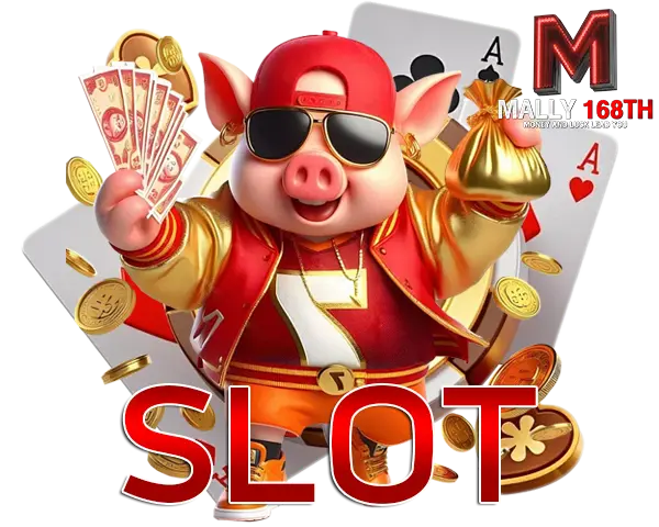 MALLY168 สล็อตเว็บตรง รวมเกมยอดฮิต แจ็คพอตแตกง่าย ภาพตัวการ์ตูนหมูนำโชคถือเหรียญทองและไพ่ สื่อถึงโบนัสและรางวัลใหญ่