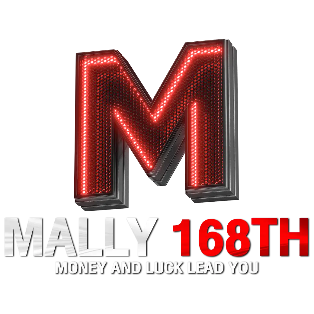 MALLY168TH โลโก้ตัวอักษร M สีแดงเงา 3D พร้อมข้อความ MALLY 168TH ดีไซน์เรียบหรูโทนแดงดำ
